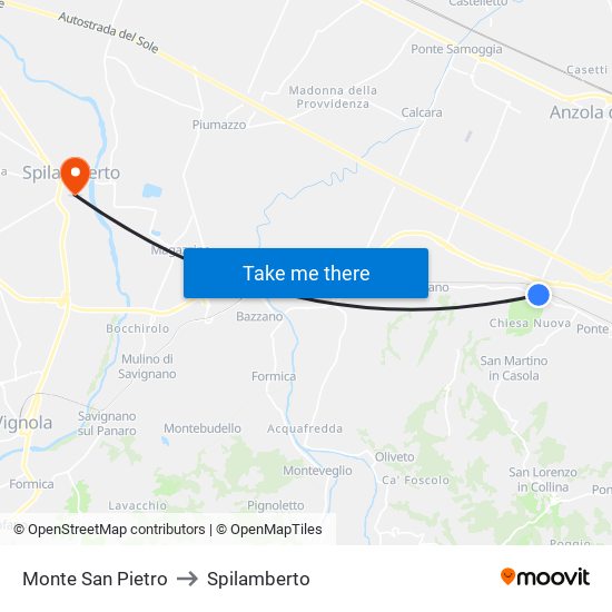 Monte San Pietro to Spilamberto map