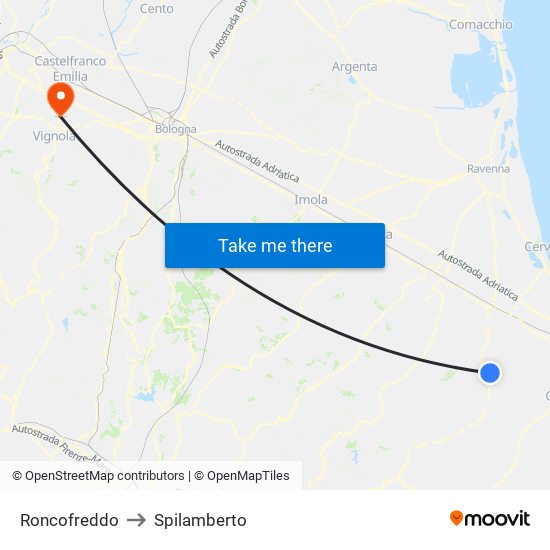 Roncofreddo to Spilamberto map