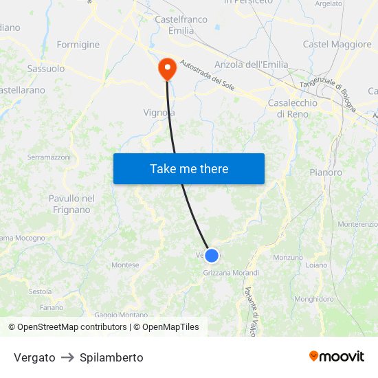 Vergato to Spilamberto map