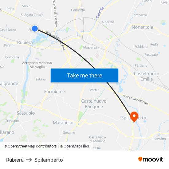 Rubiera to Spilamberto map