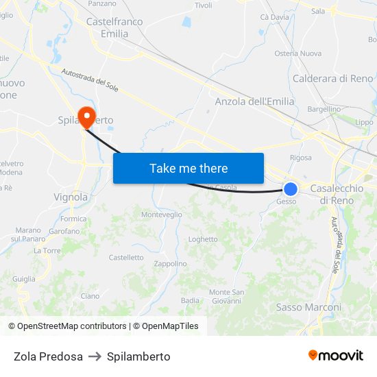 Zola Predosa to Spilamberto map