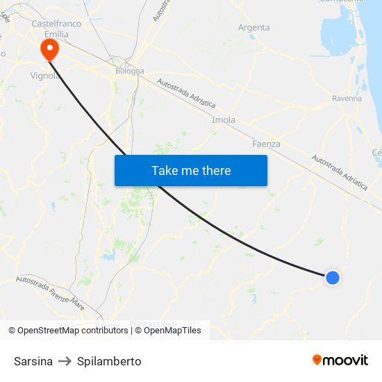 Sarsina to Spilamberto map