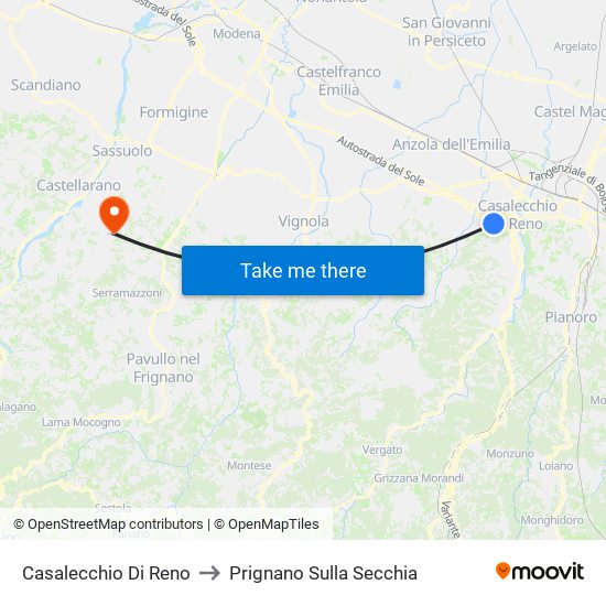 Casalecchio Di Reno to Prignano Sulla Secchia map