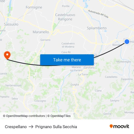 Crespellano to Prignano Sulla Secchia map