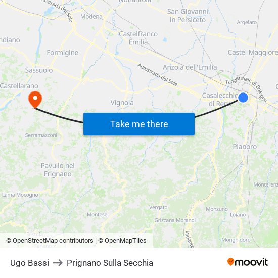 Ugo Bassi to Prignano Sulla Secchia map