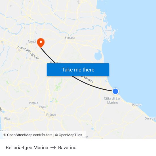 Bellaria-Igea Marina to Ravarino map