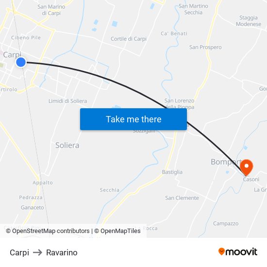 Carpi to Ravarino map