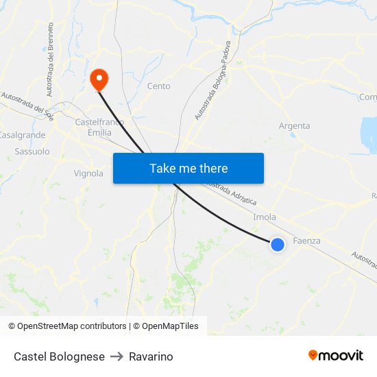 Castel Bolognese to Ravarino map