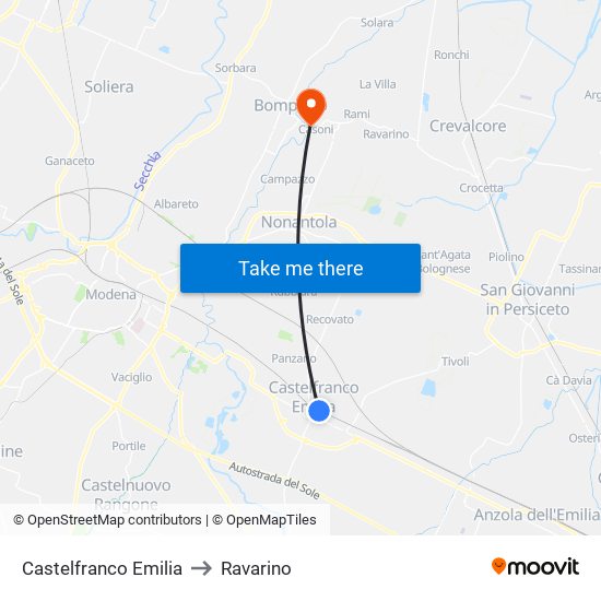 Castelfranco Emilia to Ravarino map