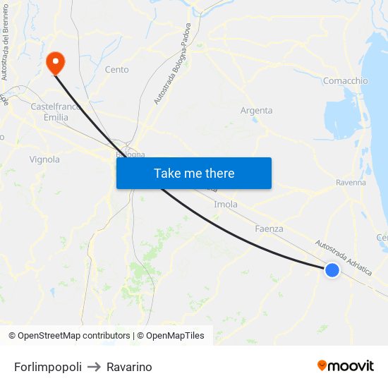 Forlimpopoli to Ravarino map