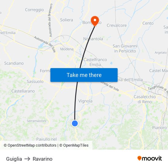 Guiglia to Ravarino map