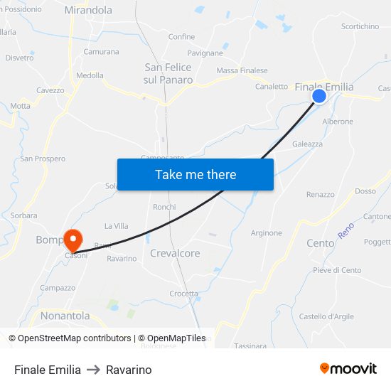 Finale Emilia to Ravarino map