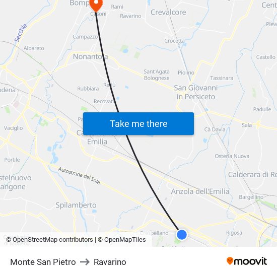 Monte San Pietro to Ravarino map