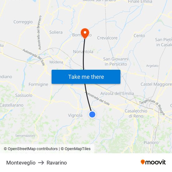 Monteveglio to Ravarino map