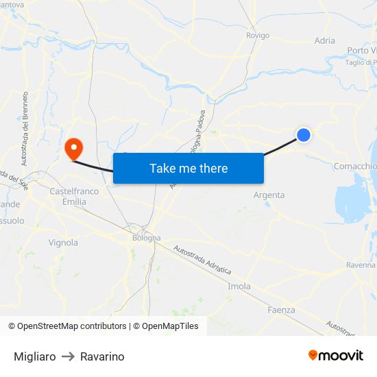 Migliaro to Ravarino map