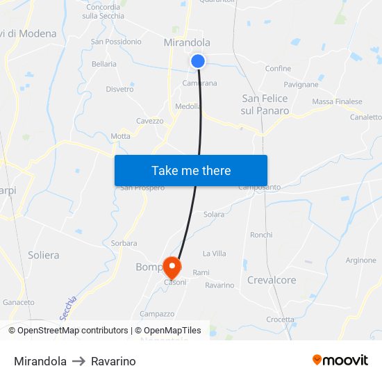 Mirandola to Ravarino map