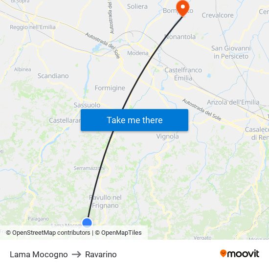 Lama Mocogno to Ravarino map