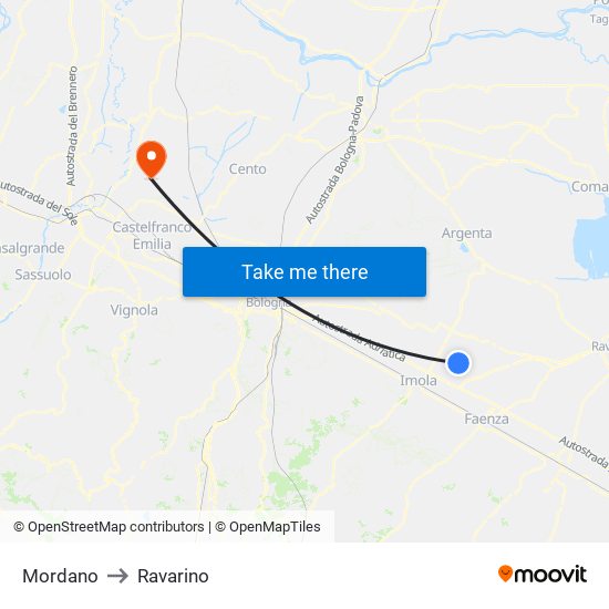 Mordano to Ravarino map