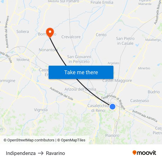 Indipendenza to Ravarino map