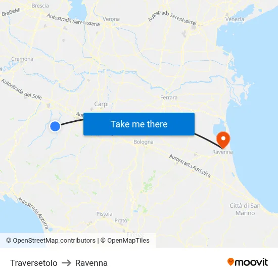 Traversetolo to Ravenna map