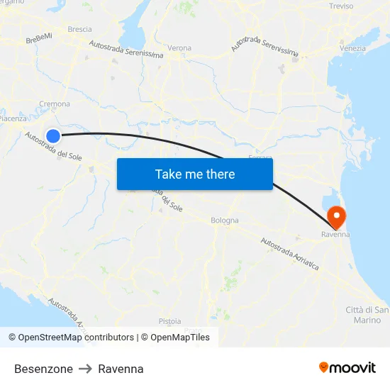 Besenzone to Ravenna map