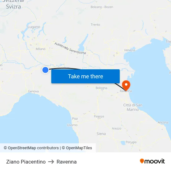 Ziano Piacentino to Ravenna map
