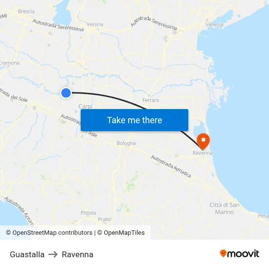 Guastalla to Ravenna map