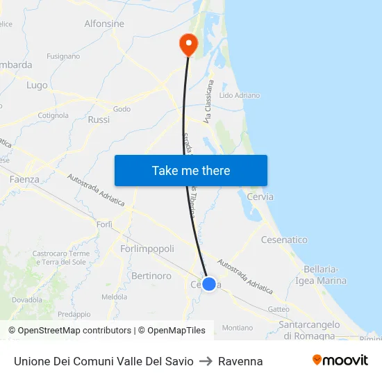 Union of Municipalities of Valle del Savio to Ravenna map