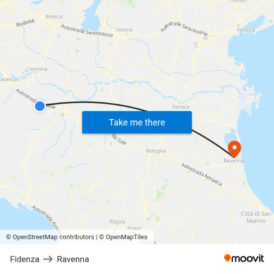 Fidenza to Ravenna map