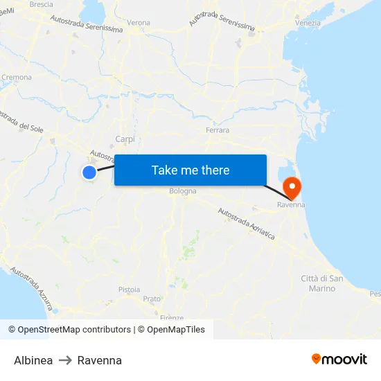 Albinea to Ravenna map