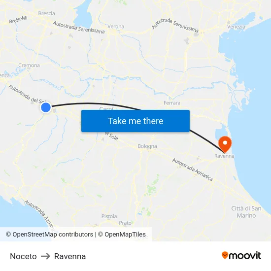 Noceto to Ravenna map