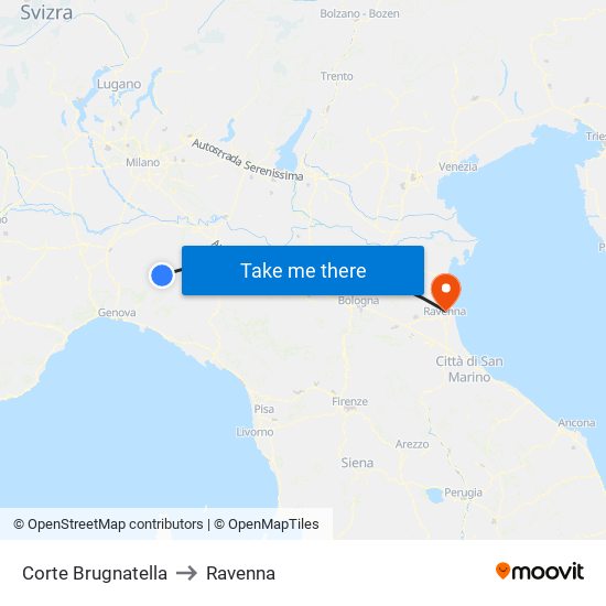Corte Brugnatella to Ravenna map