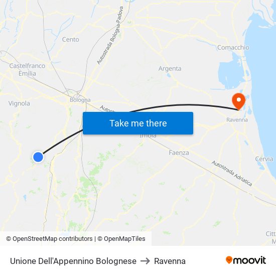Unione Dell'Appennino Bolognese to Ravenna map