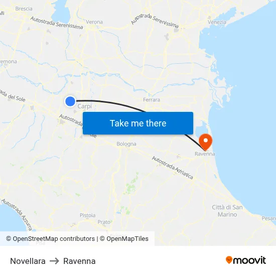 Novellara to Ravenna map