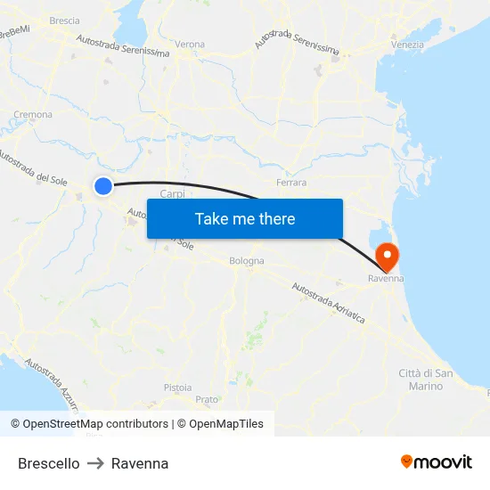 Brescello to Ravenna map