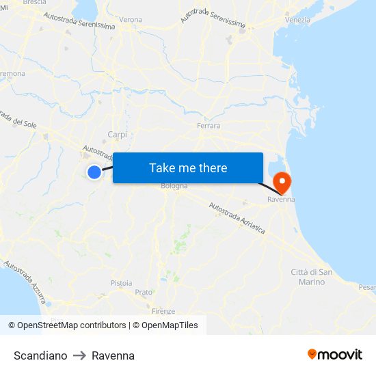 Scandiano to Ravenna map