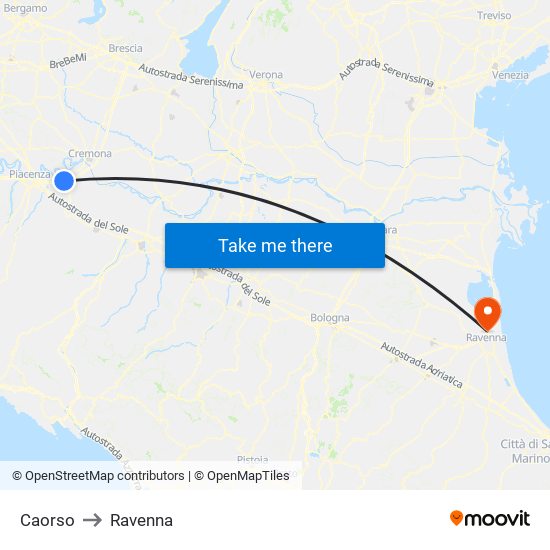 Caorso to Ravenna map