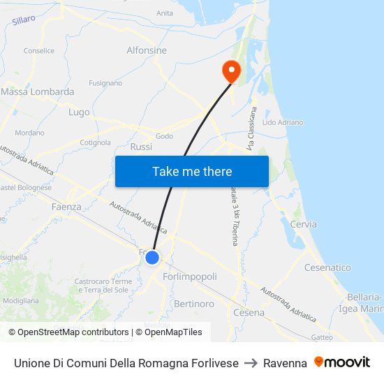 Unione Di Comuni Della Romagna Forlivese to Ravenna map