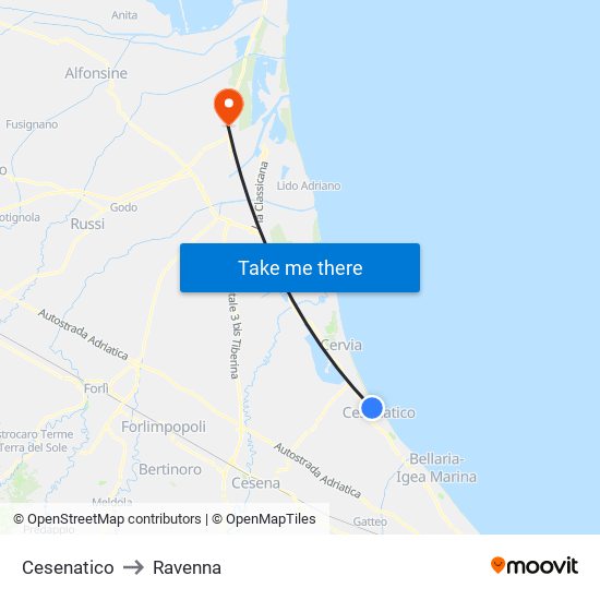 Cesenatico to Ravenna map