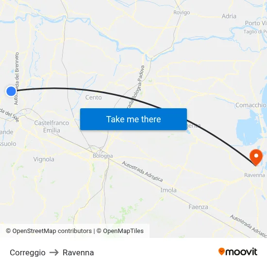 Correggio to Ravenna map