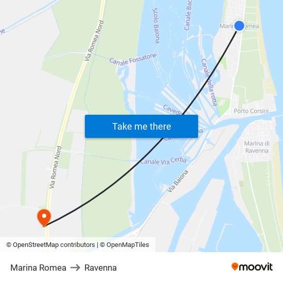 Marina Romea to Ravenna map