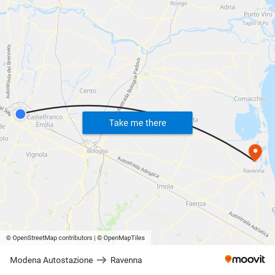 Modena  Autostazione to Ravenna map