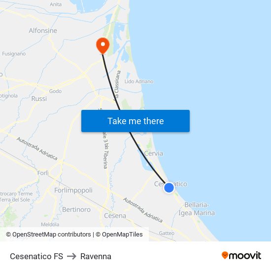 Cesenatico FS to Ravenna map