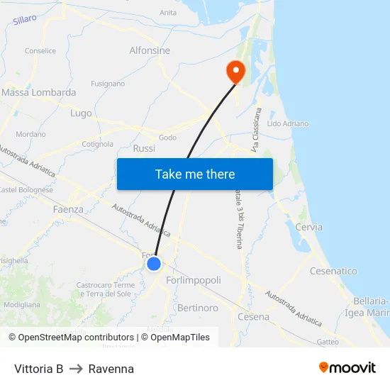 Vittoria B to Ravenna map
