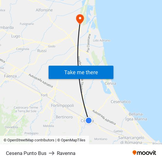 Cesena Punto Bus to Ravenna map