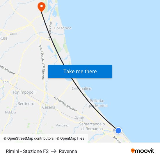 Rimini - Stazione FS to Ravenna map