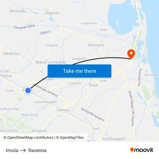 Imola to Ravenna map