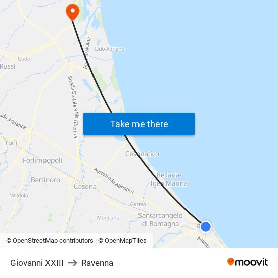 Giovanni XXIII to Ravenna map