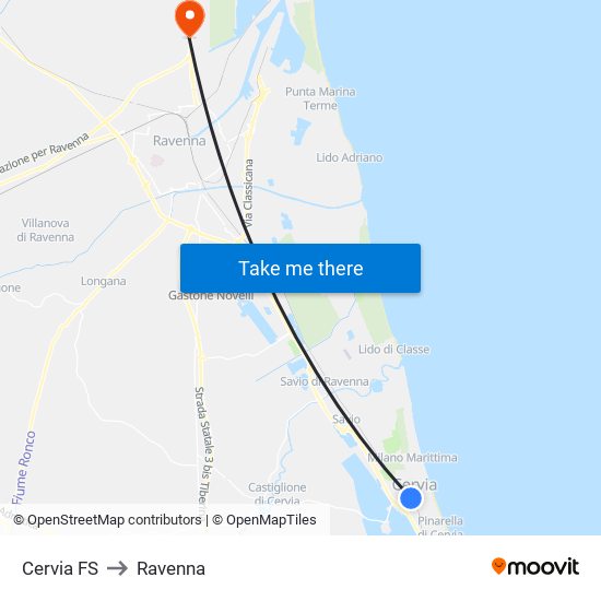 Cervia FS to Ravenna map