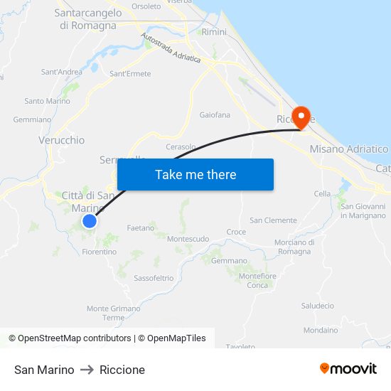 San Marino to Riccione map